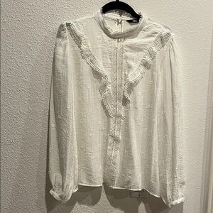 Zara White Textured Blouse with Ruffles